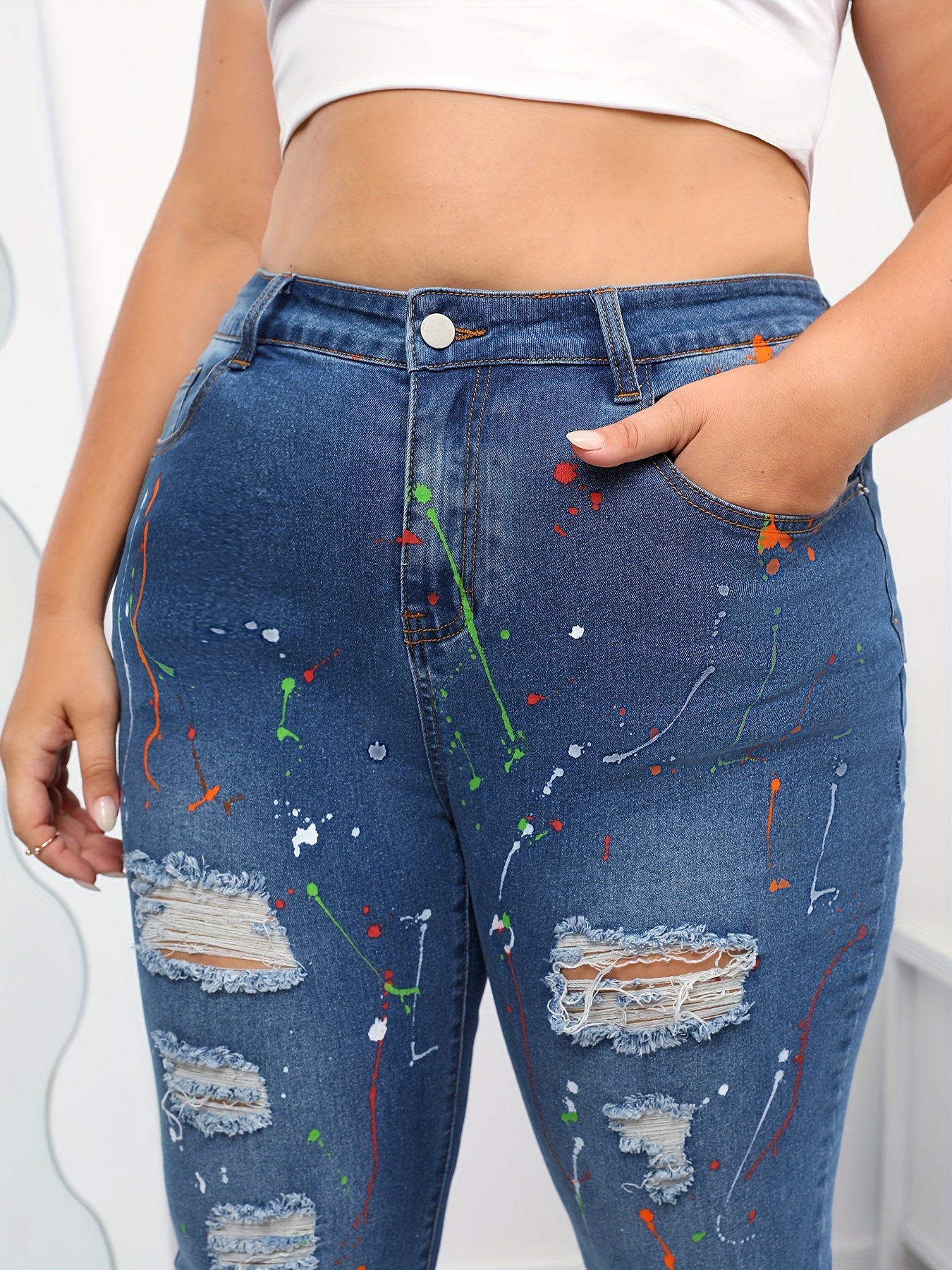 Splash Print Ripped High Rise Skinny Jeans