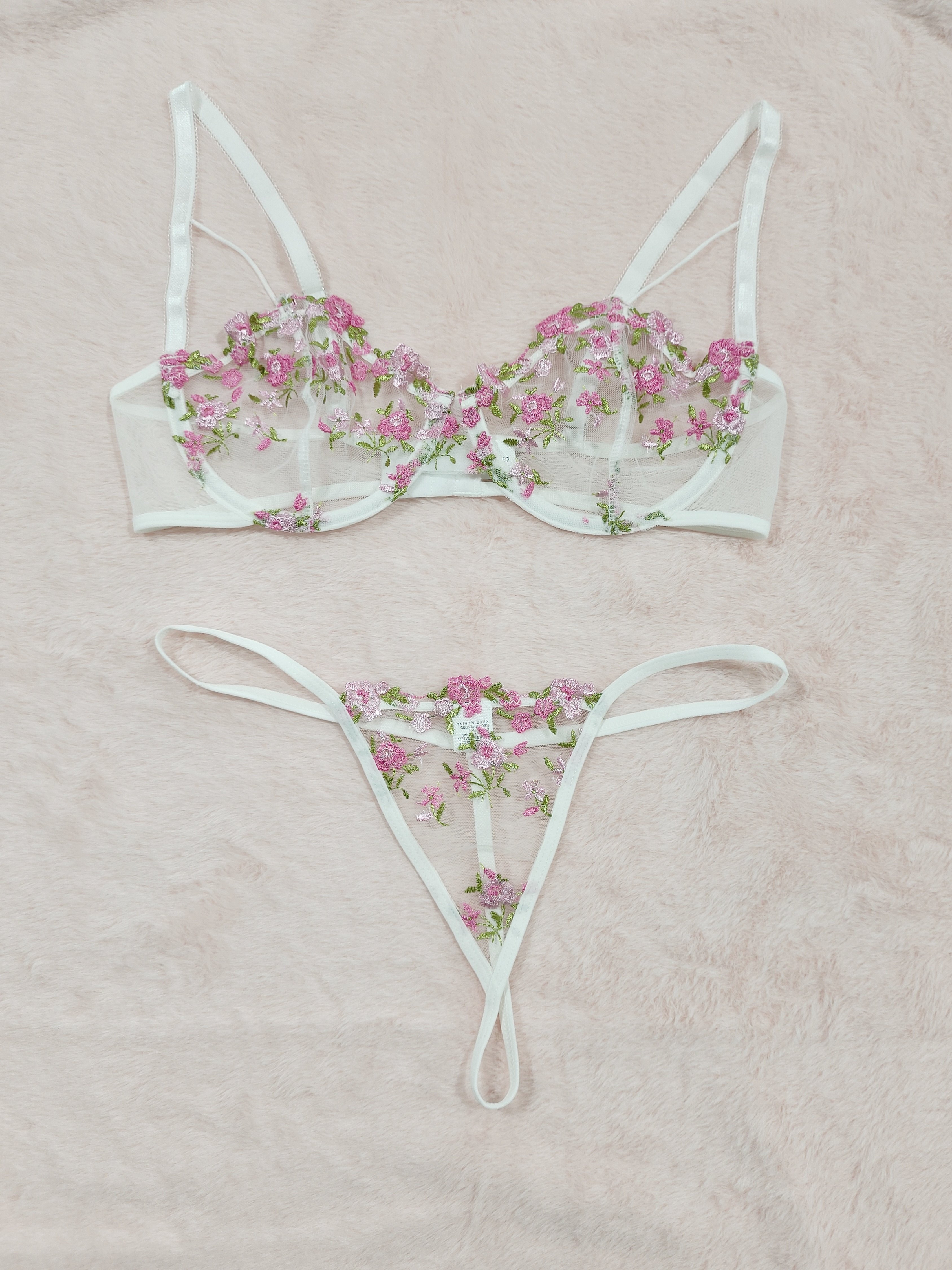 Floral Embroidered Lingerie Set Semi sheer Mesh Bra Matching