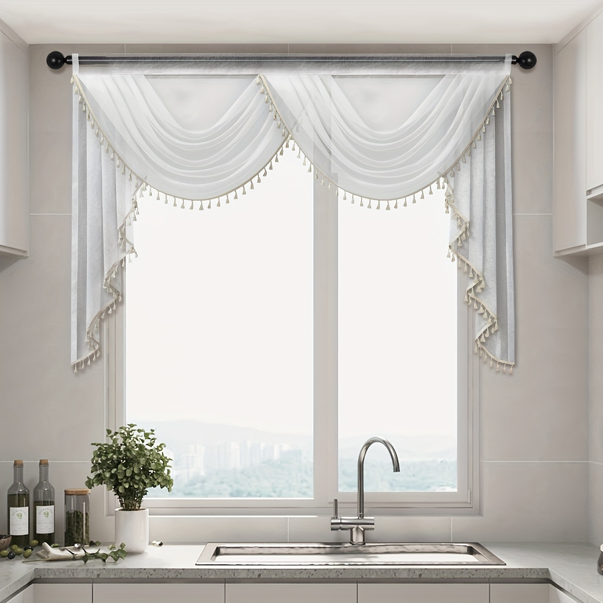Image of Elegant European-inspired Sheer Curtain Valance With Tassels - Rod , In 3 Room, Bedroom, Kitchen & Bathroom Decor