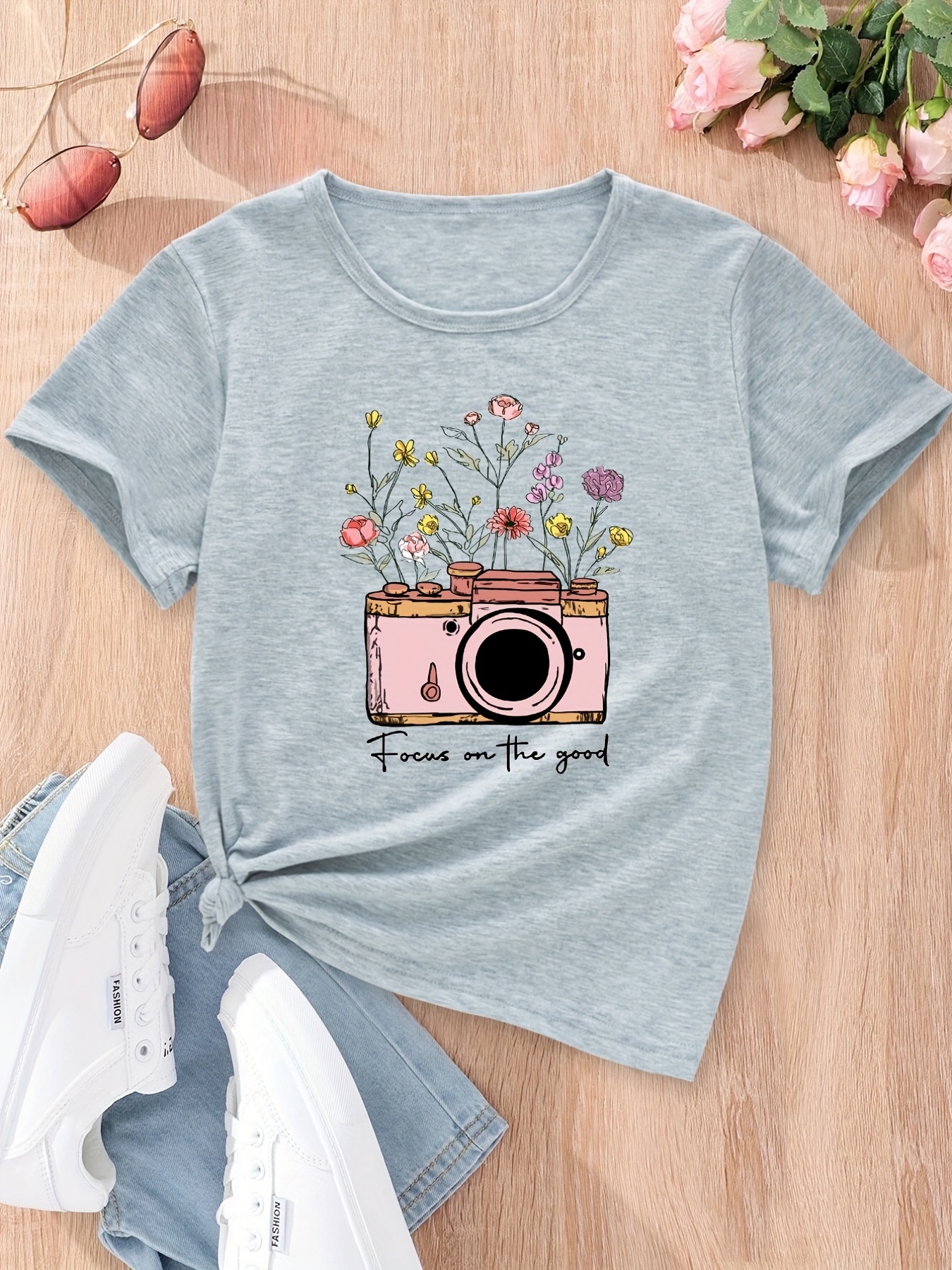 Girls Flowers And Camera Graphic T-Shirt Casual Round Neck Tees Top Teens  Kids Summer Clothes