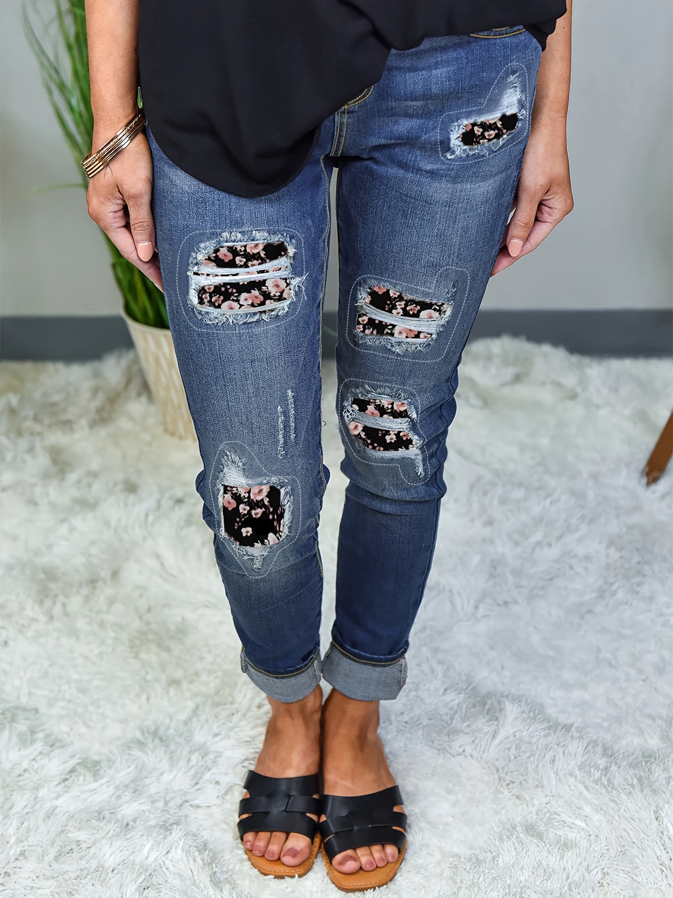 Plus Size Casual Jeans, Women's Plus Ripped Tie Elastic Waist High Stretch  Skinny Denim Pants