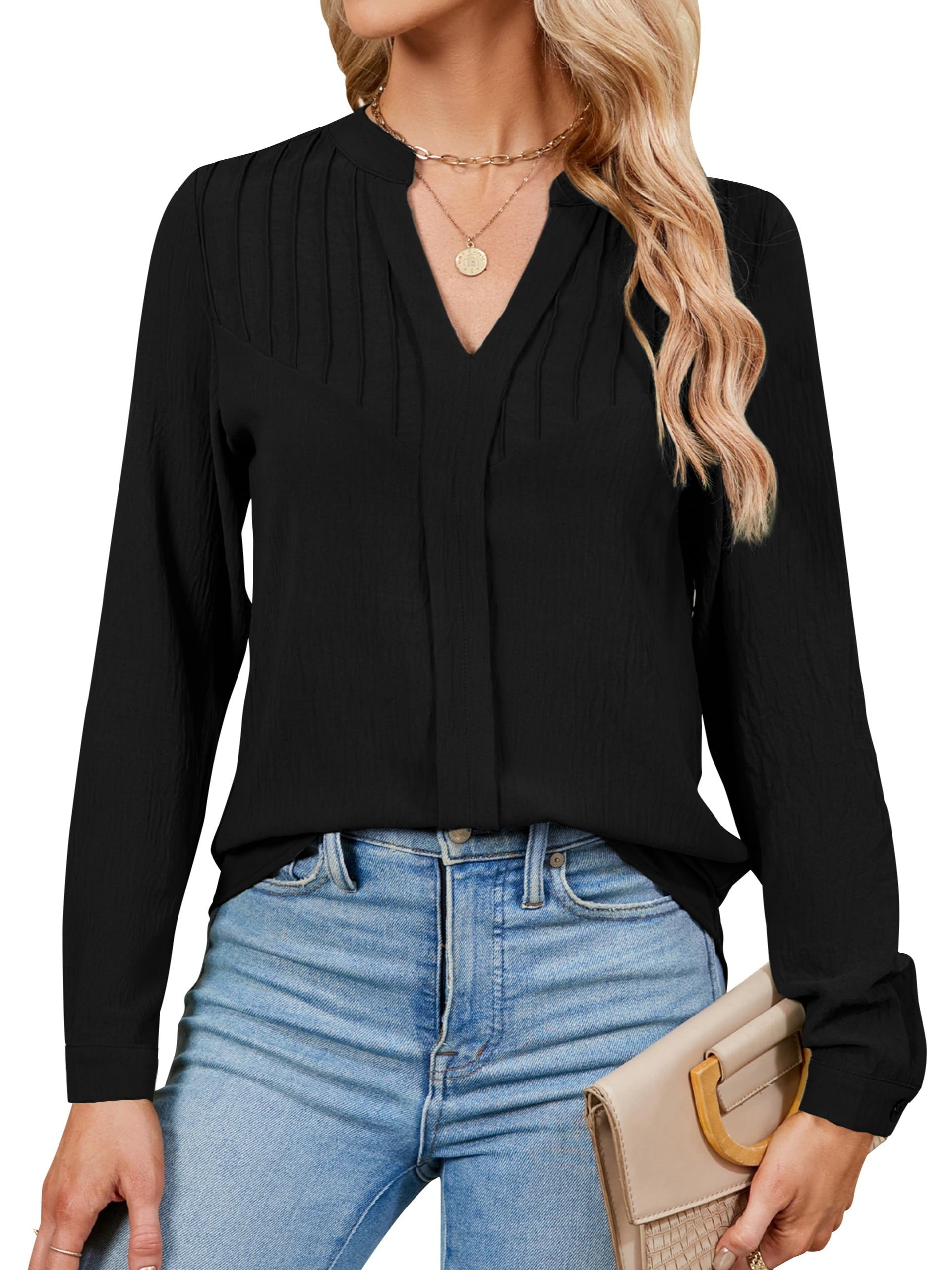 Solid Simple Blouse, Casual Notched Neck Long Sleeve Blouse, Women's  Clothing - Temu United Kingdom