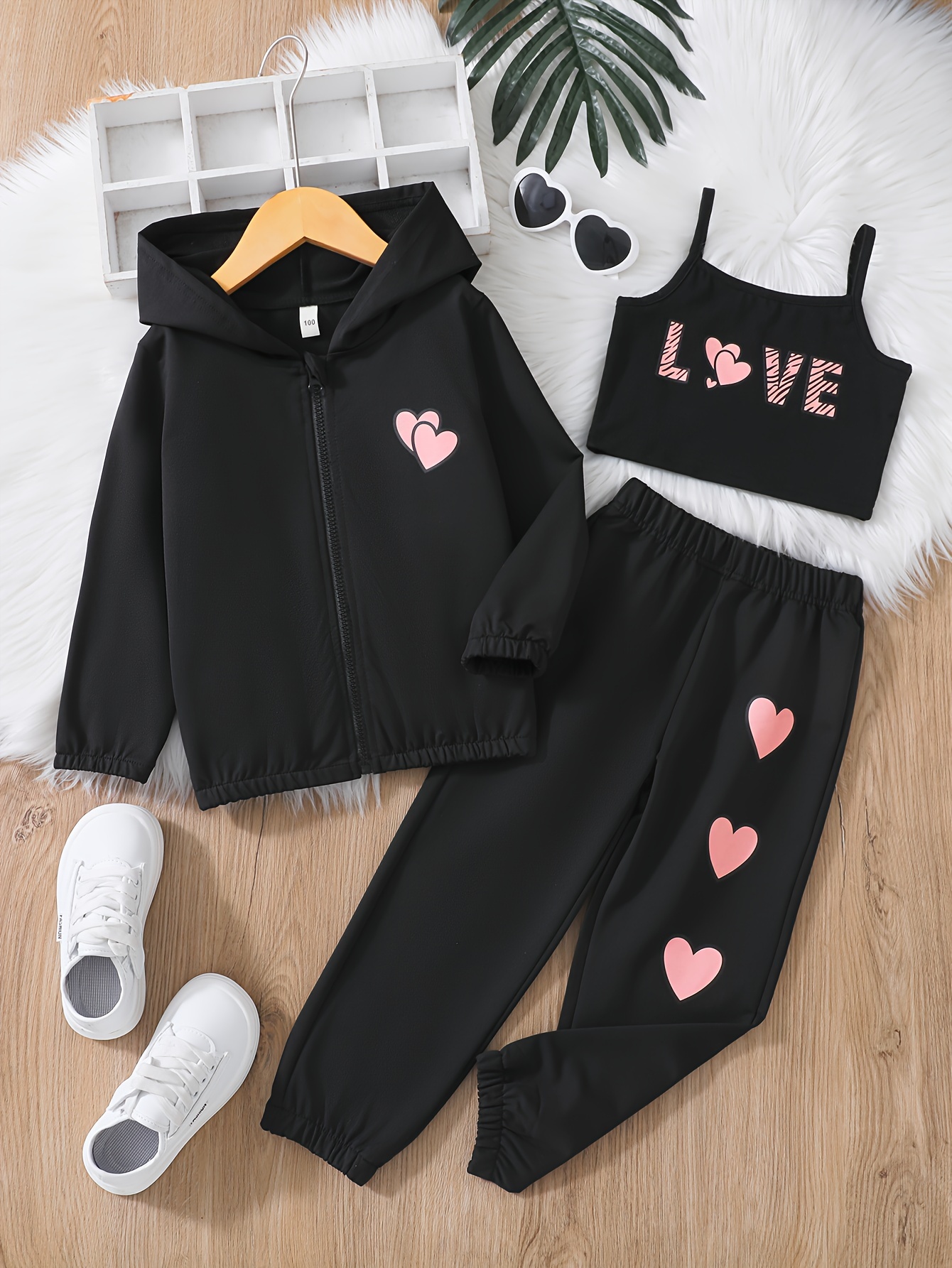 Heart Graphic Outfits Girls Pullover + Jogger Pants Kids - Temu