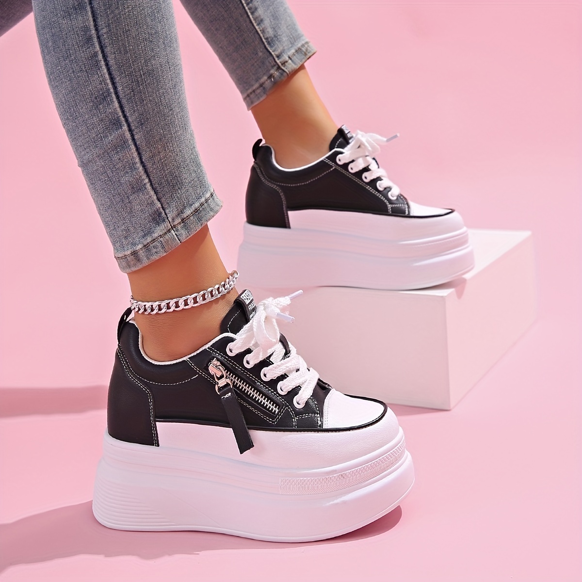 Women's Waterproof Non Slip Lace Up Sneakers, Low Top Thick Soled Platform  Walking Shoes, Fashion Height Increased Casual Sneakers