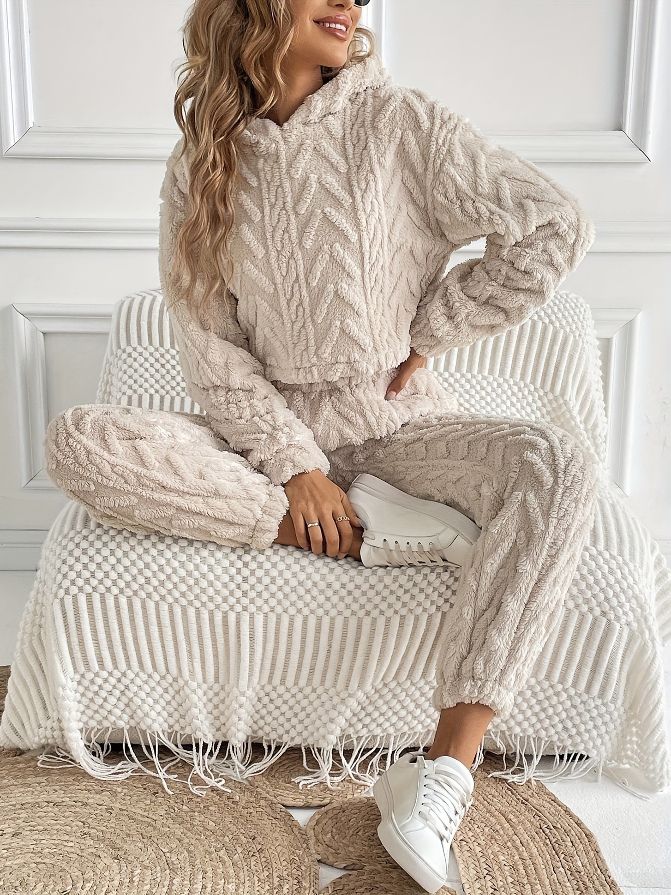 Solid Cable Knit Two piece Set Long Sleeve Drawstring - Temu Canada