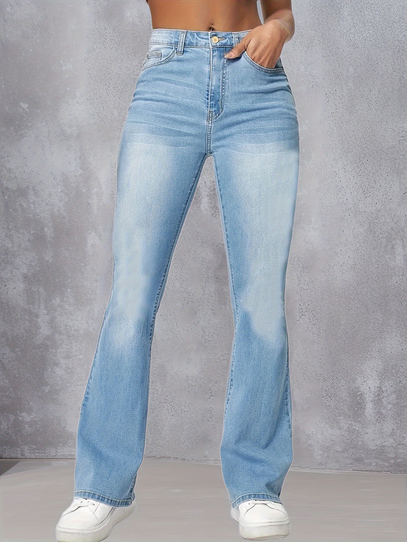 blue high stretch bootcut jeans slant pockets high waist denim pants womens denim jeans clothing