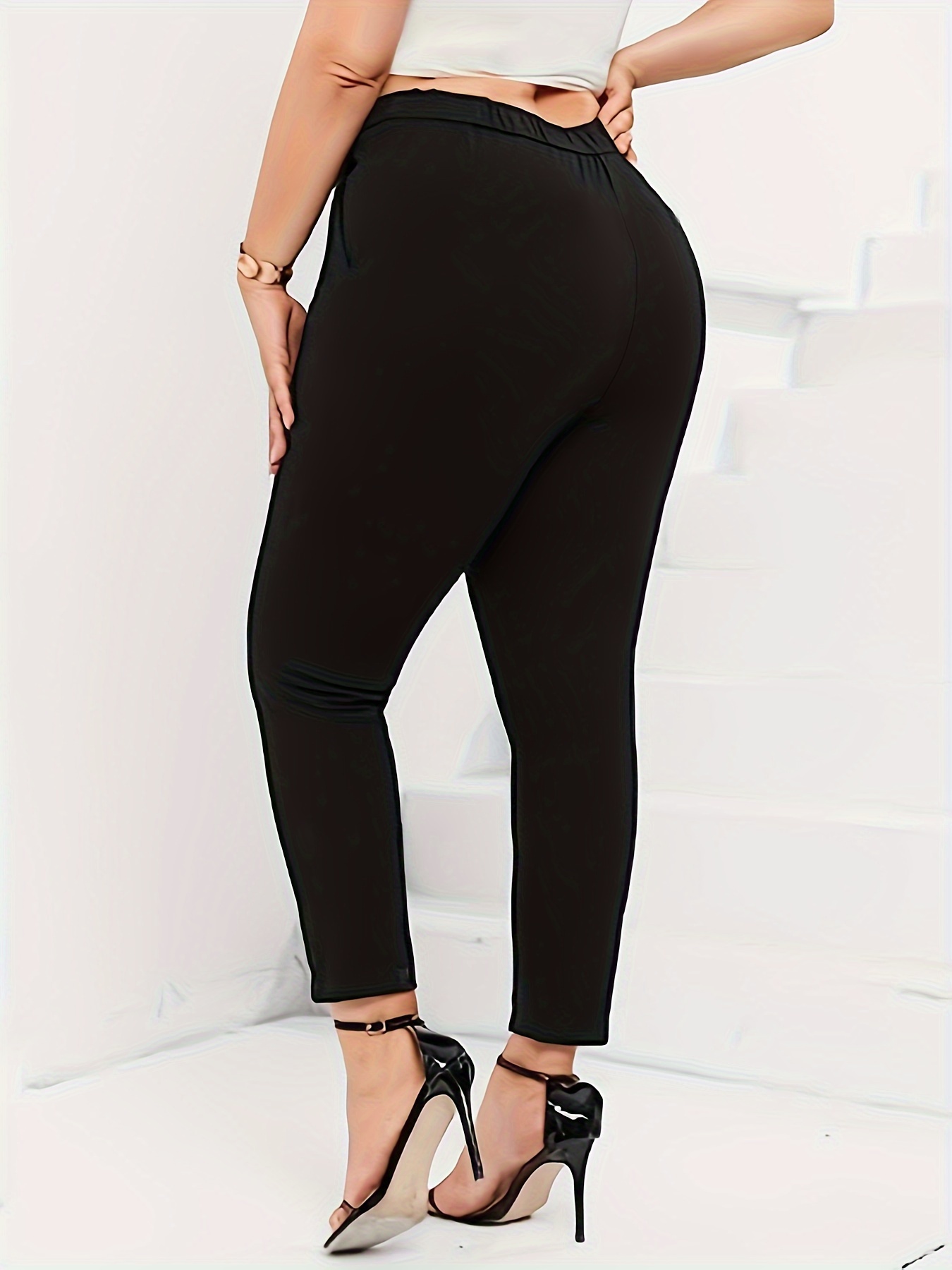 Plus Size Elegant Pants Women's Plus Solid Elastic High - Temu Germany