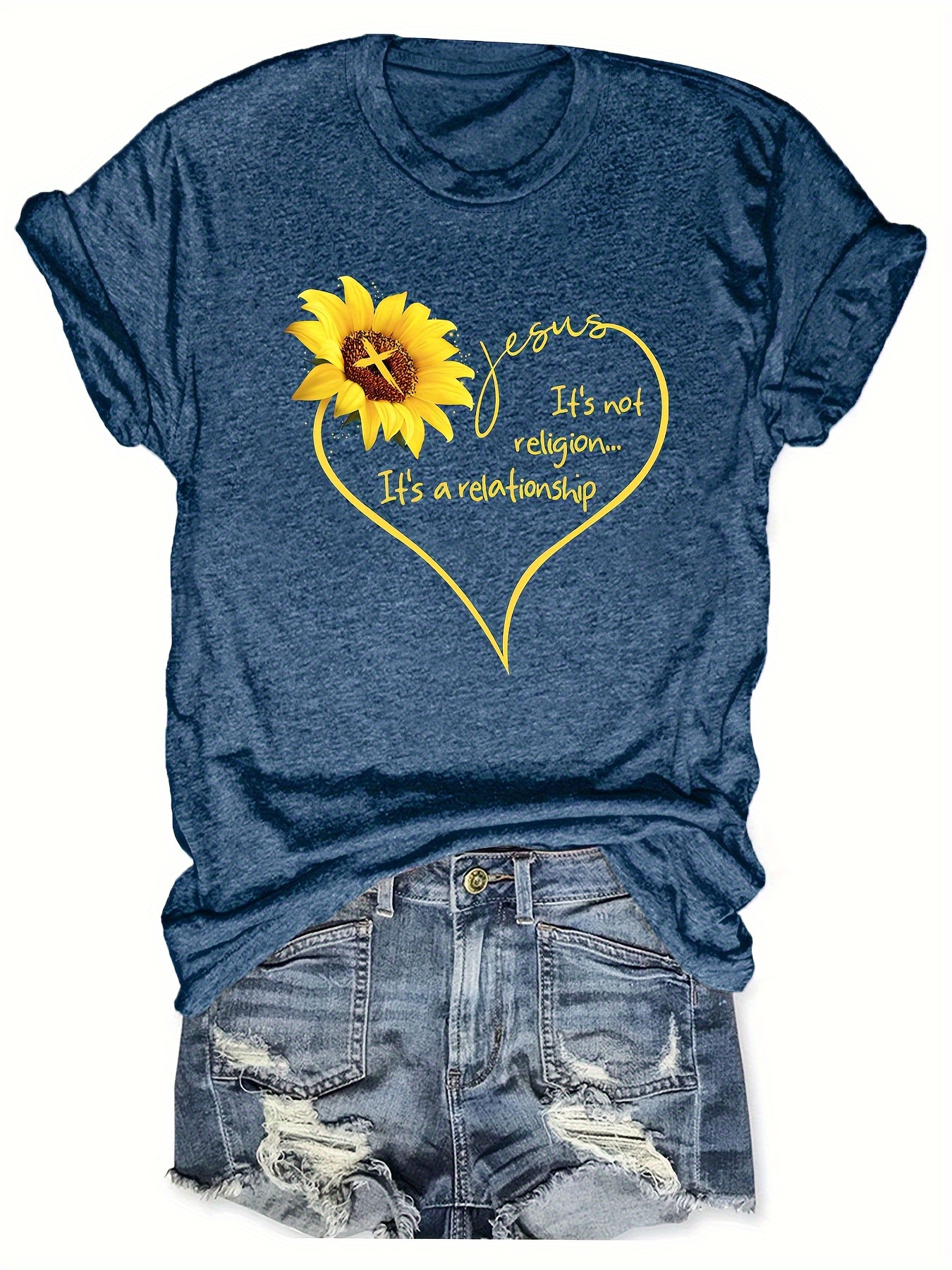 Heart Sunflower Print T shirt Casual Short Sleeve Crew Neck - Temu