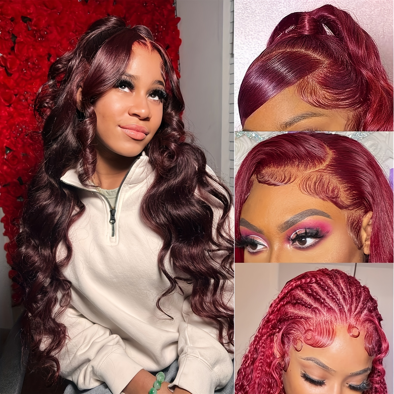 Cherry Red Lace Front Human Hair Wig Body Wave Pre Plucked Bleached Knots  13x6 Transparent Lace