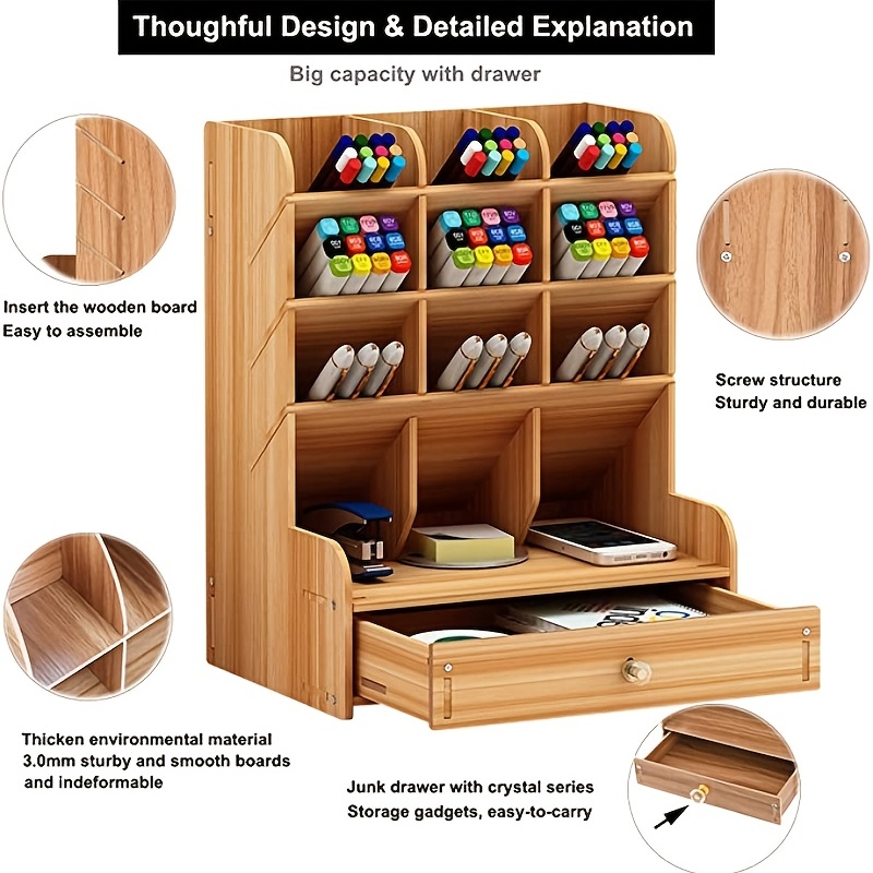 Wooden Pen Organizer Multi Functional DIY Pen Holder Box Art Supply  Organizer