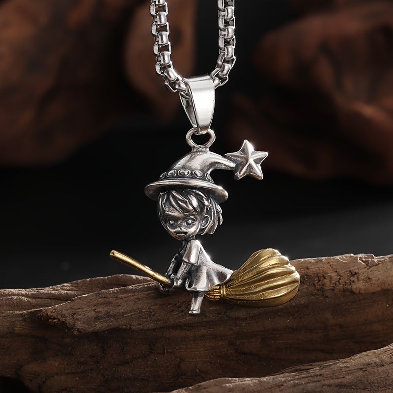 

1pc Exquisite Sexy Cute Little Witch Riding A Golden Broom Pendant Necklace, Game Cartoon Role-playing Jewelry Gift For Men And Women