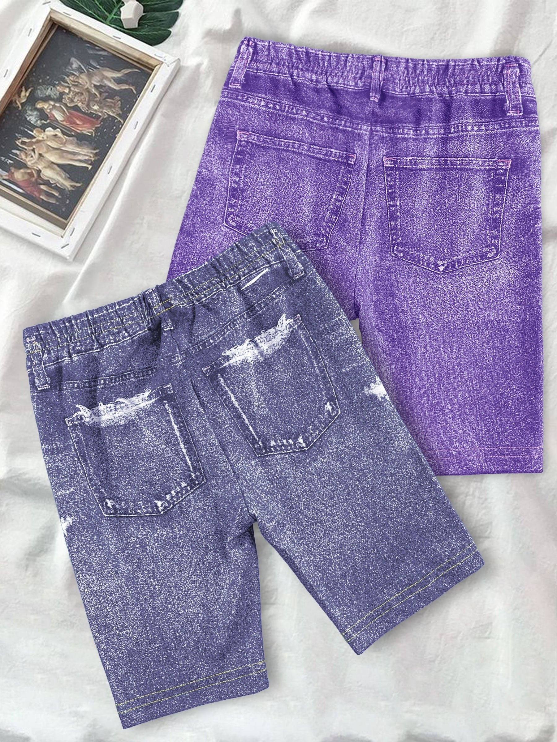 2pcs Girls' Denim Graphic Bike Shorts for Summer