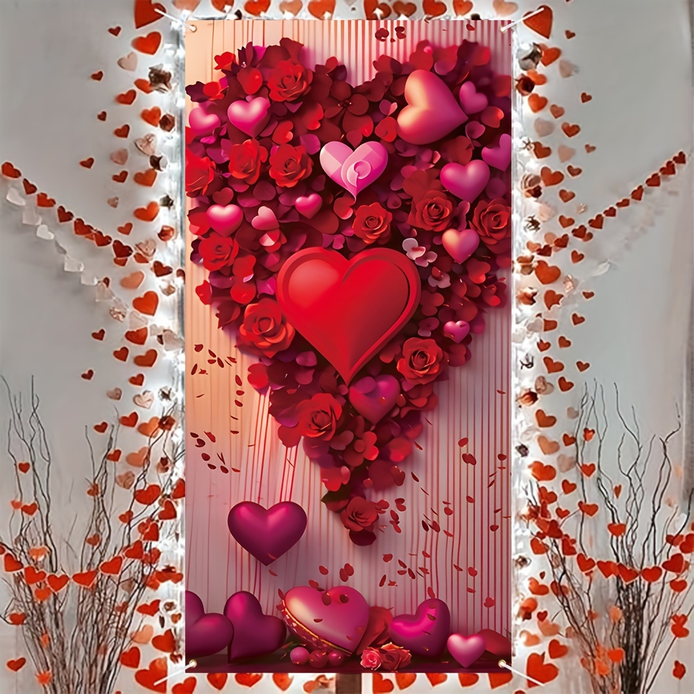 

1pc, Red Valentine Heart Rose Banner (35.4 Inches * 70.8 Inches/ 90 Cm * 180 Cm), Polyester Door Cover, Room Decoration, Party Hanging Banner, Holiday Decoration, Party Supplies, Interior Decoration.