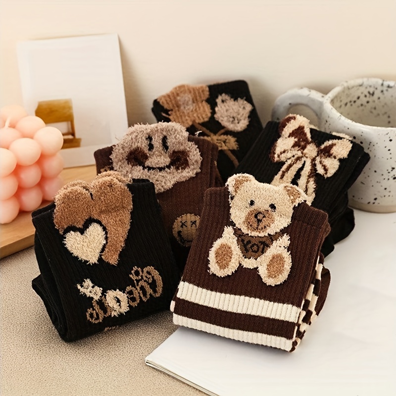5 pairs bear bow print socks comfy warm mid tube socks womens stockings hosiery details 5