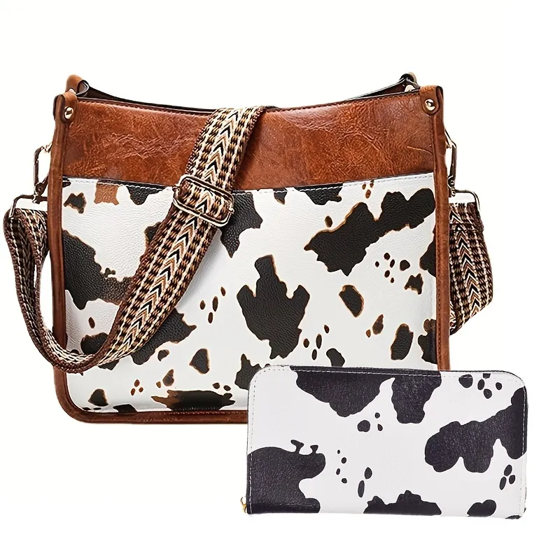 Cow Pattern Crossbody Bag, Faux Leather Shoulder Bag, Travel