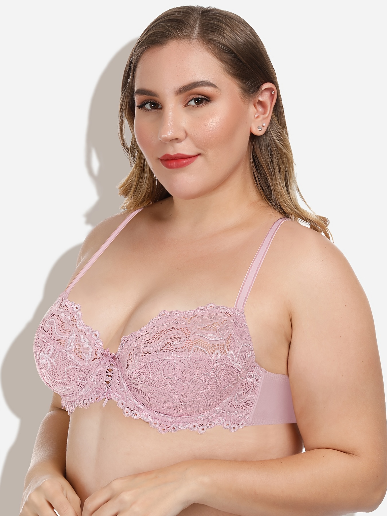  Womens Full Coverage Plus Size Floral Lace Underwired Bra  Non Padded Comfort Bra 40B Pink