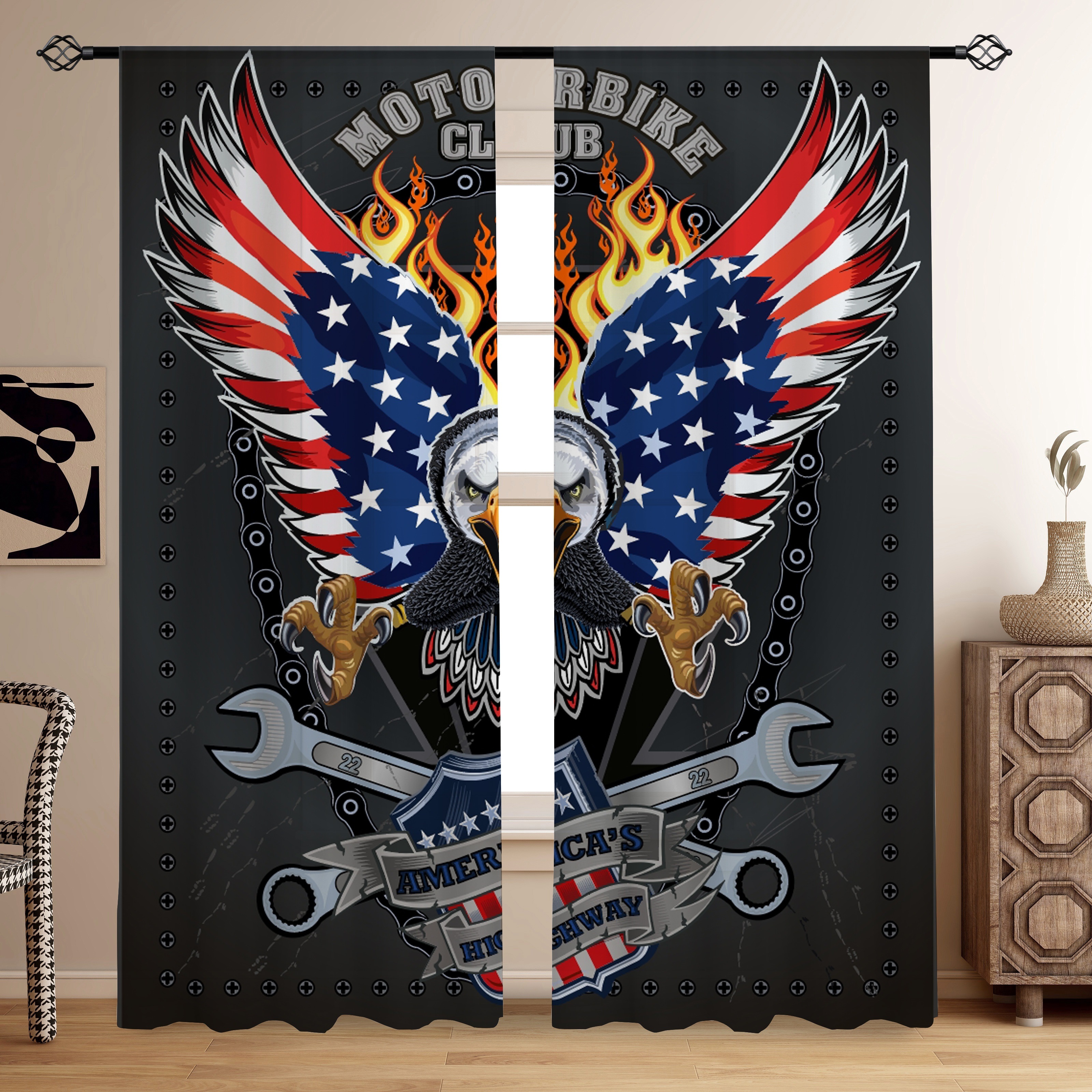 

2pcs/set, American Flag Eagle Motorcycle Club Printed Semi-transparent Curtains, Living Room Bedroom Multi-scene Polyester Rod Pocket Decorative Curtains Home Decoration Party Supplies