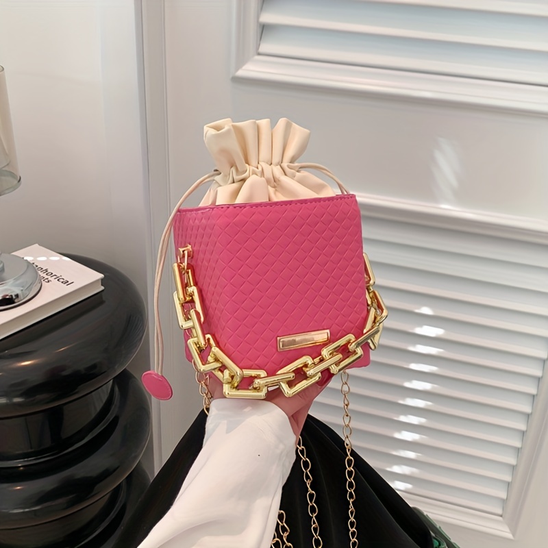 Argyle Embossed Mini Handbag Chain Strap Drawstring Shoulder Bag