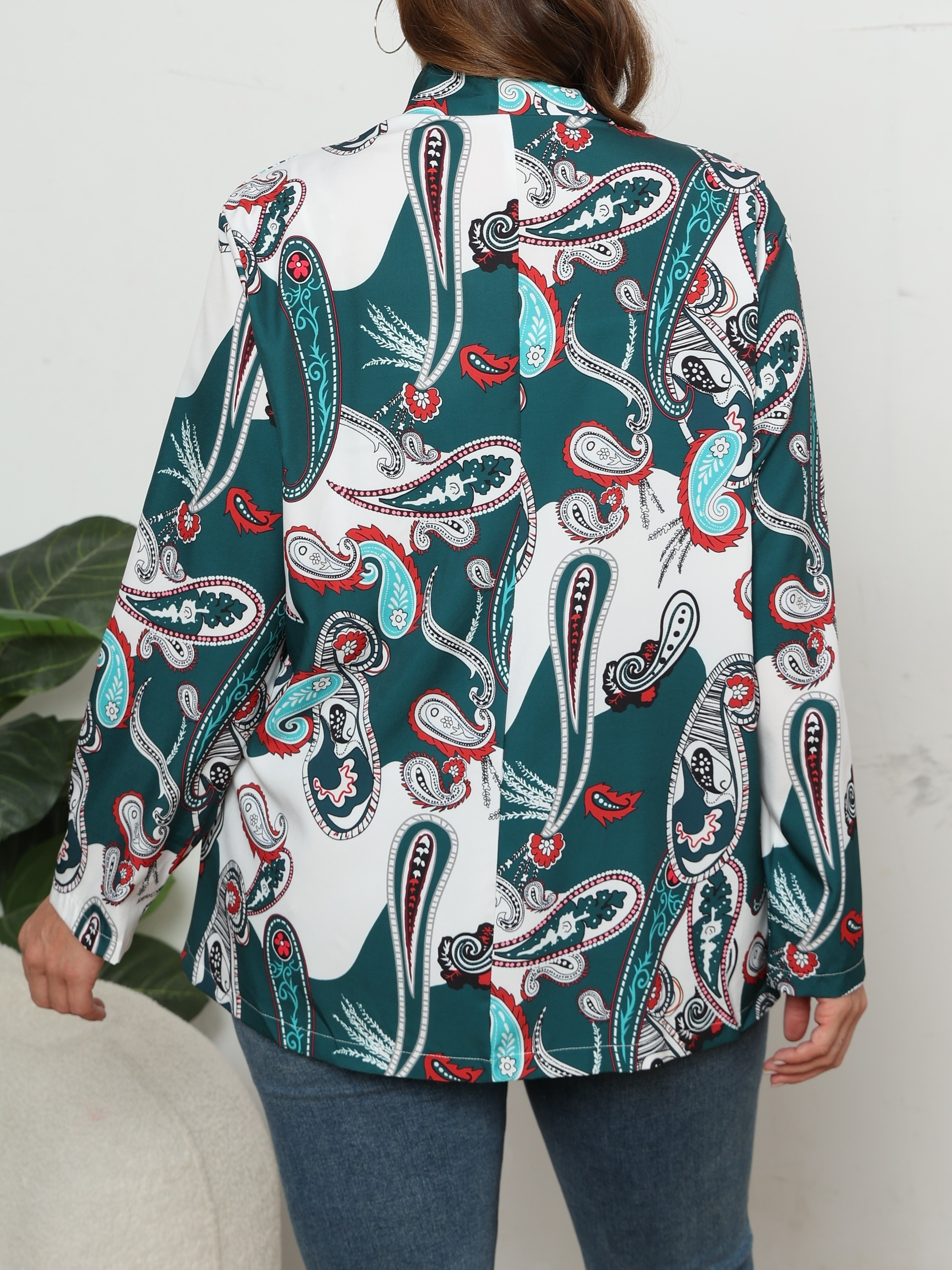Women's Plus Size Paisley Print Long Sleeve Open Front Loose Fit Blazer