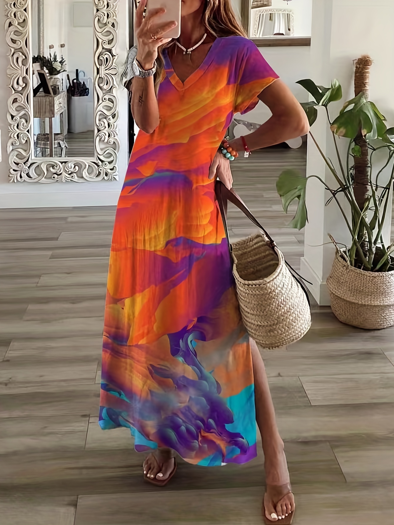 Plus Size Boho Dress Women's Plus Floral Print Short Sleeve - Temu Canada
