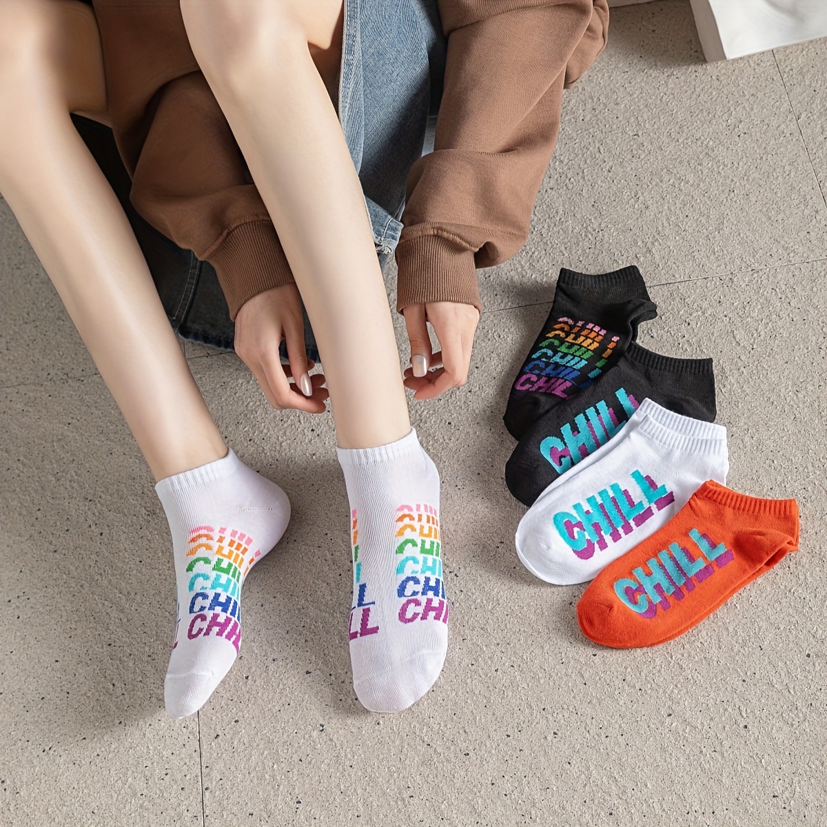 

5 Pairs Colorful Letter Print Socks, Comfy & Breathable Low Cut Ankle Socks, Women's Stockings & Hosiery