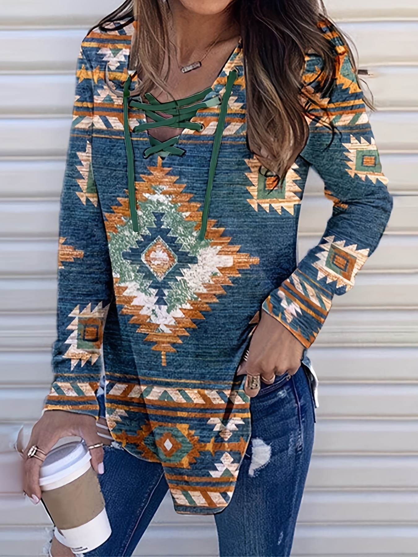 Plus Size Boho Sweatshirt Women's Plus Tribal Feather Print - Temu