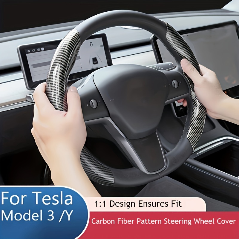 Housse De Volant En Fibre De Carbone Pour Tesla Pour Model 3 Pour Model Y,  Accessoires De Couverture De Volant Anti-dérapant Automatique