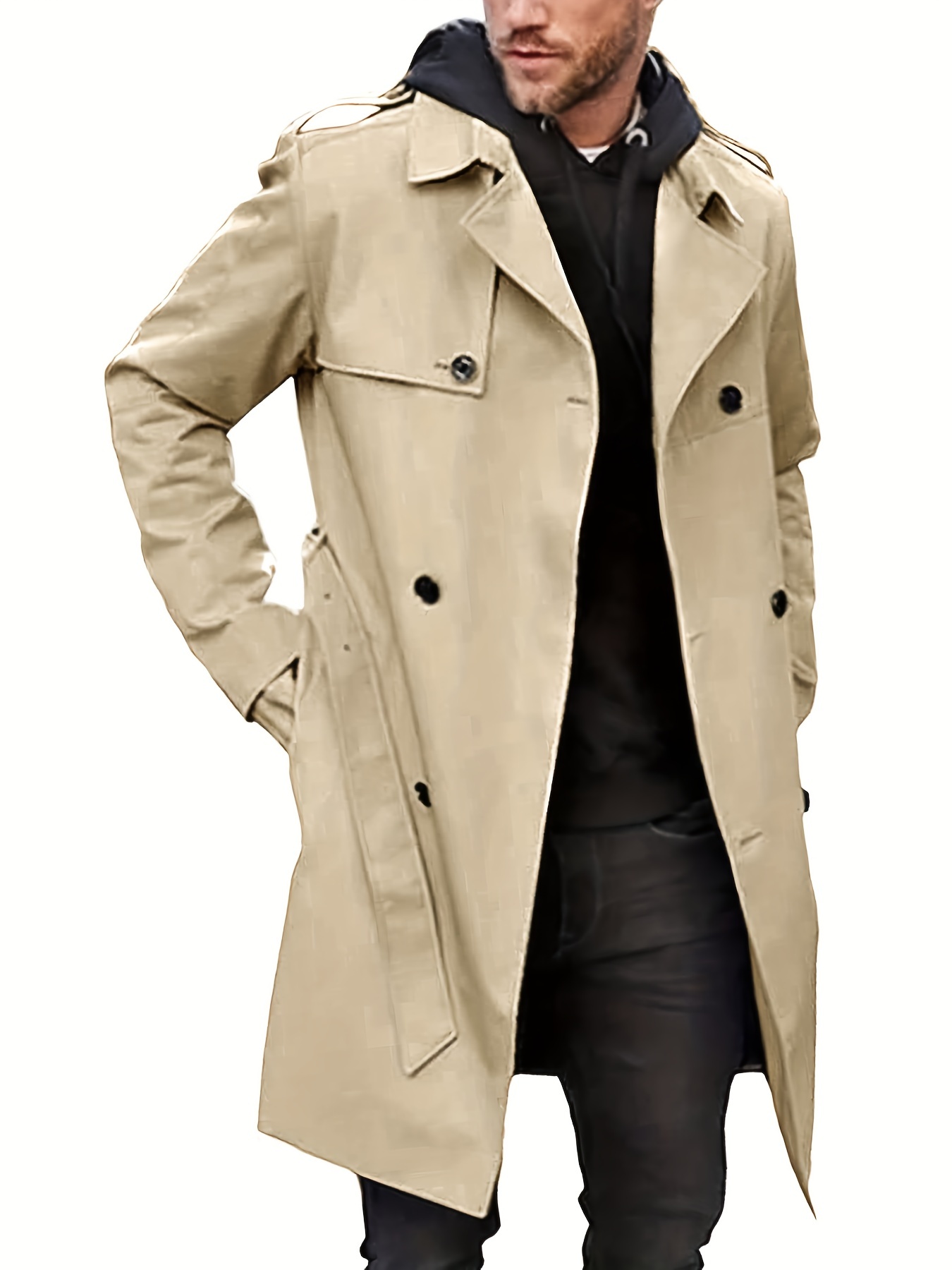Double Breasted Belted Trench Coat Vintage Solid Lapel Drop - Temu Canada