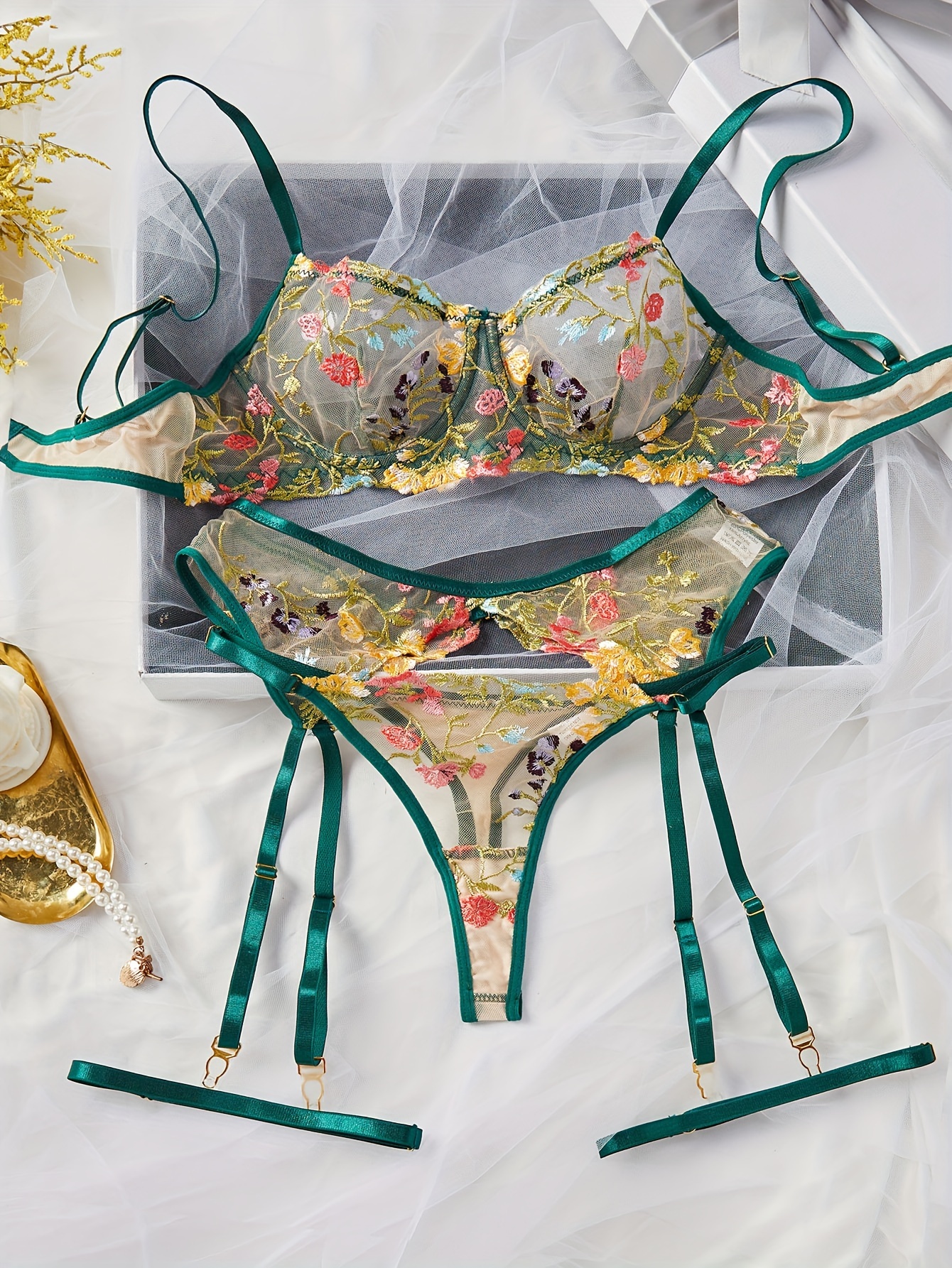 Floral Embroidery Lingerie Set, Mesh Unlined Bra & Thong, Women's Sexy  Lingerie & Underwear