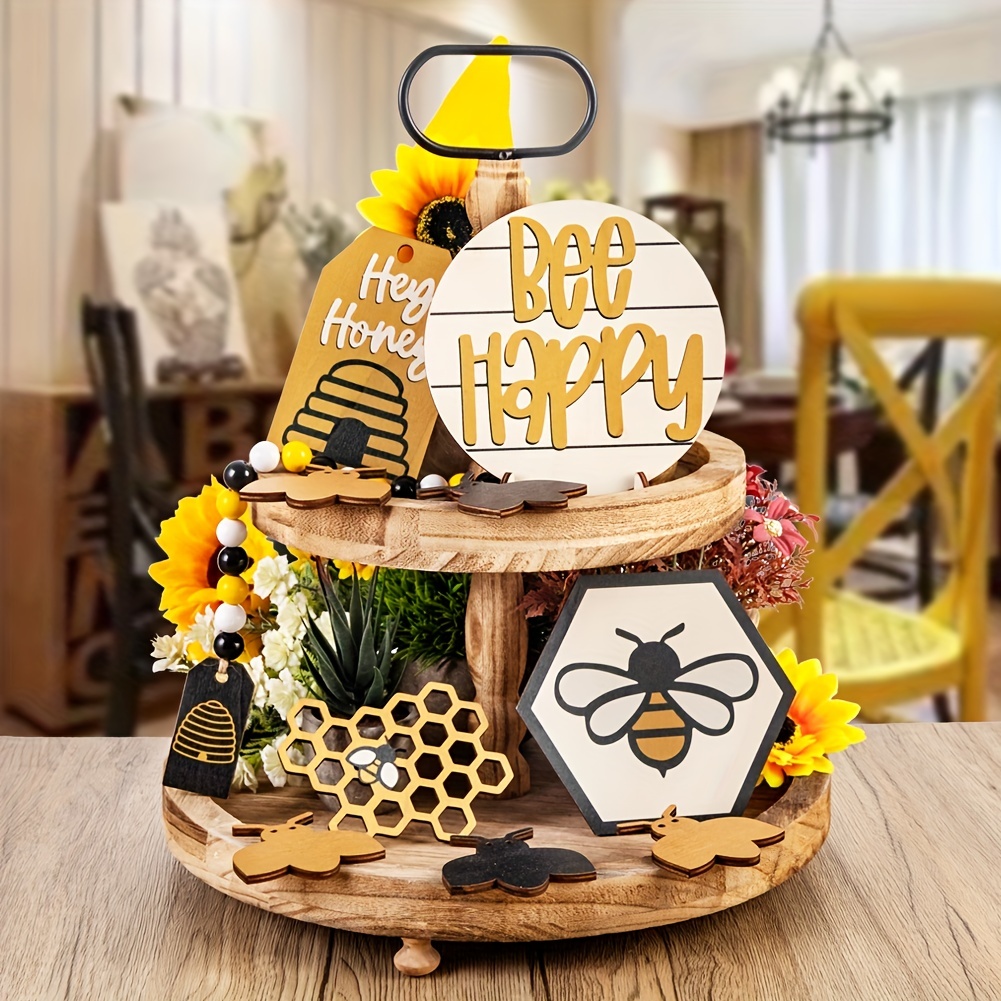 7 Pieces Honey Bee Tiered Tray Decor Wooden Bumble Bee Shelf