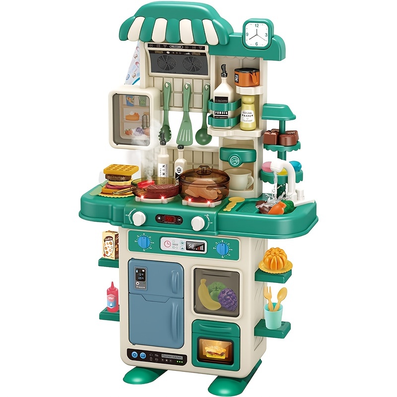 Basics Kids Upright Wooden Kitchen Toy Playset with Stove, Oven,  Sink, Fridge and Accessories, for Toddlers, Preschoolers, Children Age 3+