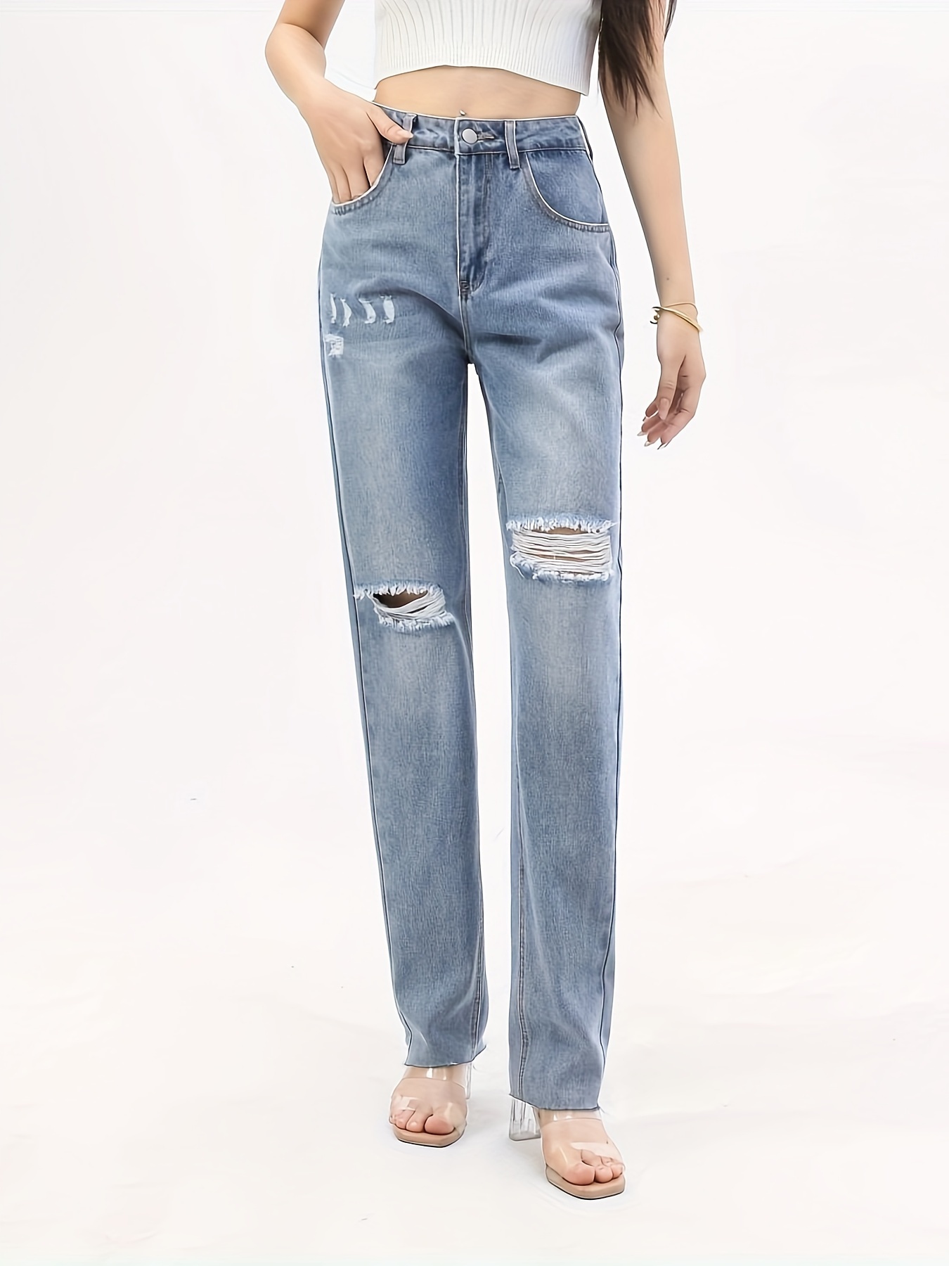 Blue Cut Straight Jeans Ripped Holes Loose Fit Non - Temu