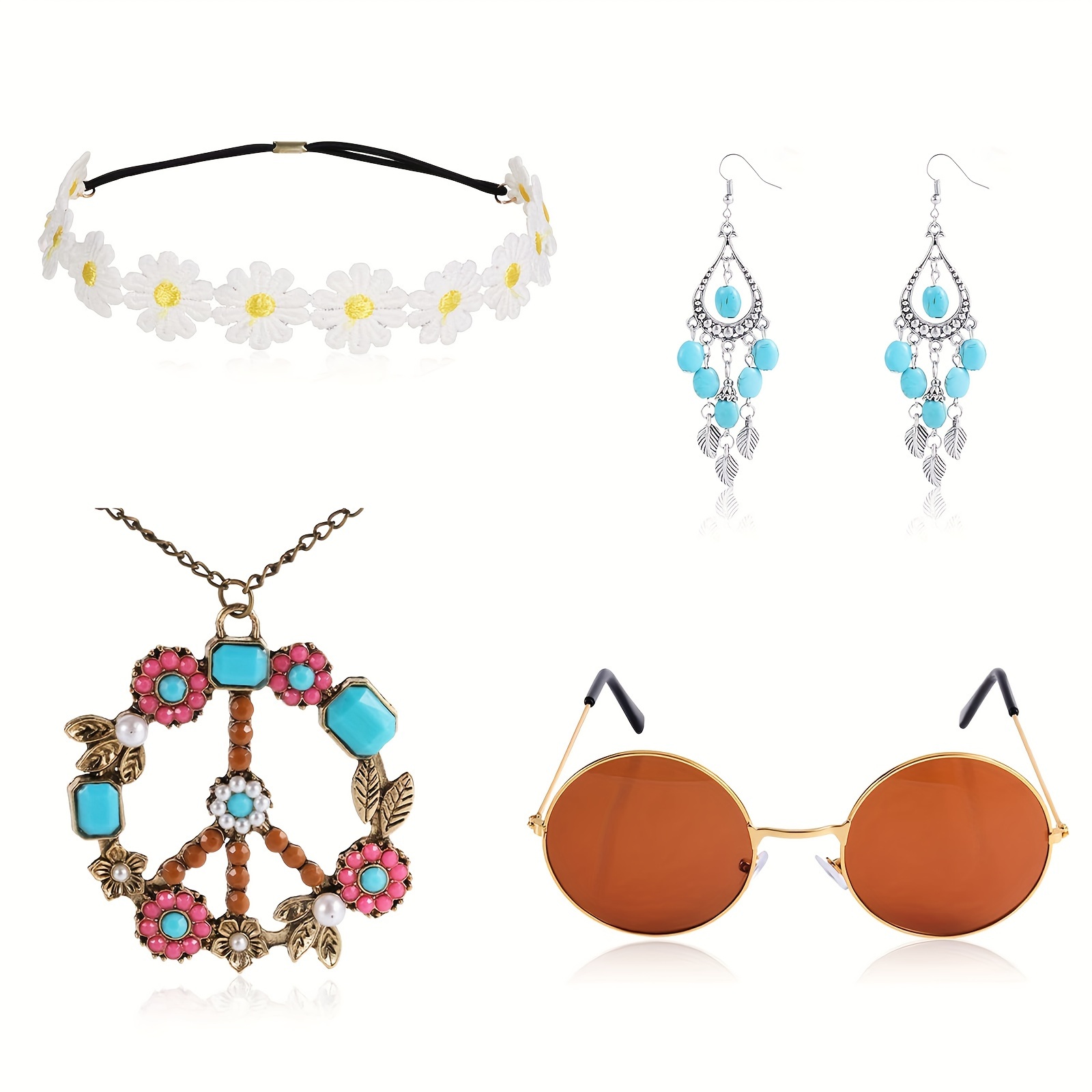 4PCS/Set Hippie Costume Set Including Sunglasses Flower Pattern Headband  Necklace And Earrings
