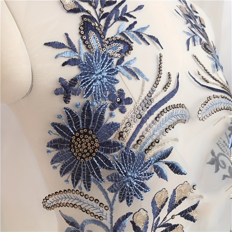 Blue Sequin Flower Lace Fabric Embroidered Gown Appliques - Temu