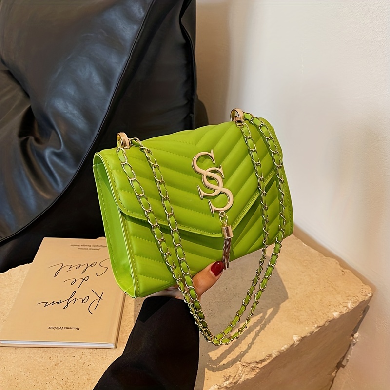 Lime Green Leather Crossbody Bag With Tassel & Strap Tassel 