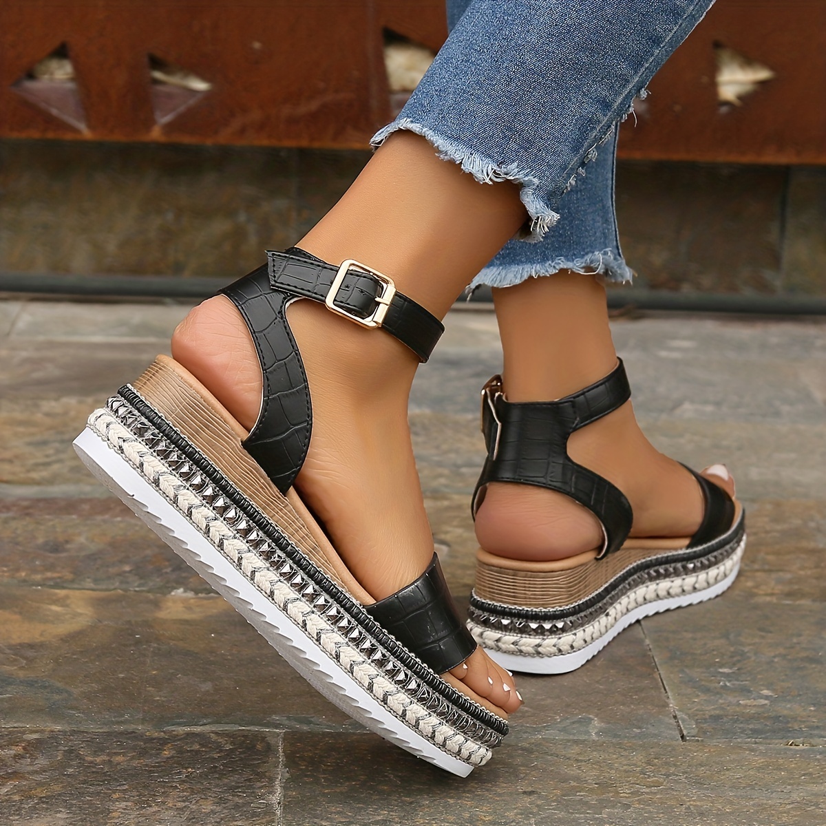 Womens Espadrilles Summer Sandals Heel Wedge Ladies Platform Studded Strap  Shoes