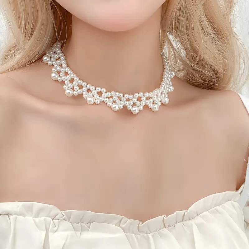 Flower Shape Braid Necklace Faux Pearls Short Choker - Temu