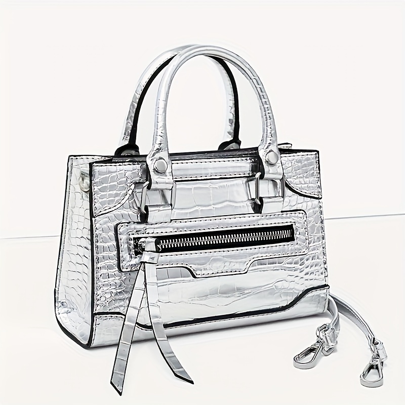 mini niche silver crocodile pattern shoulder bag top handle satchel bag for women novelty faux leather handbag
