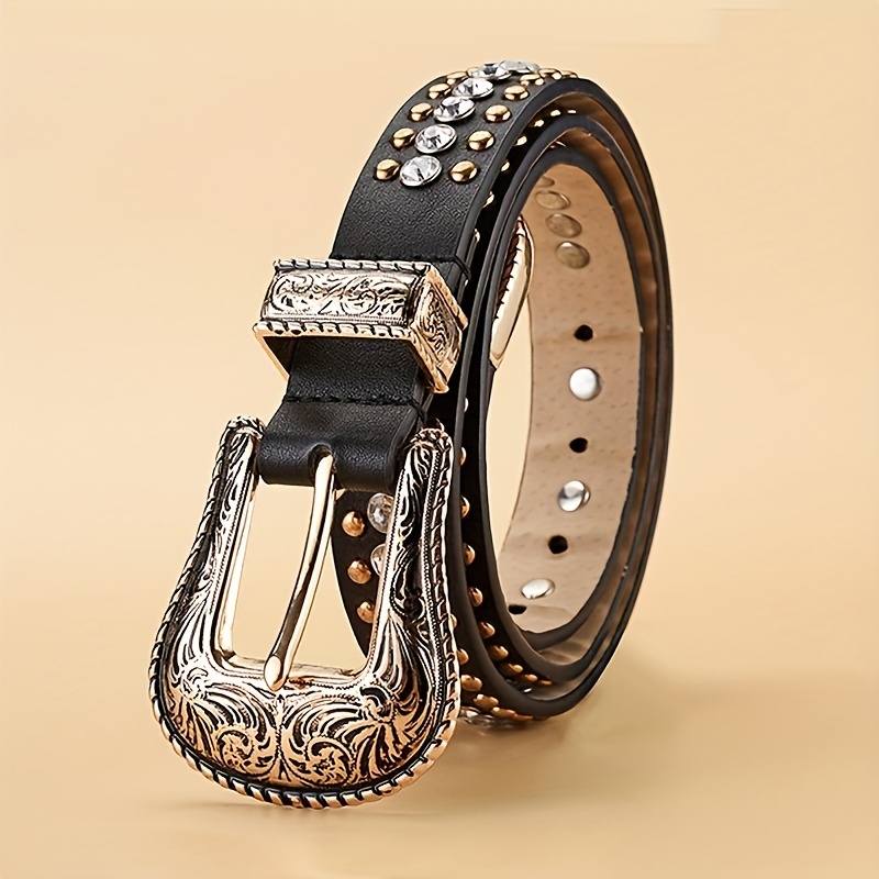 Cross Rivet Pu Leather Belt Western Carved Buckle Y2k Rhinestone