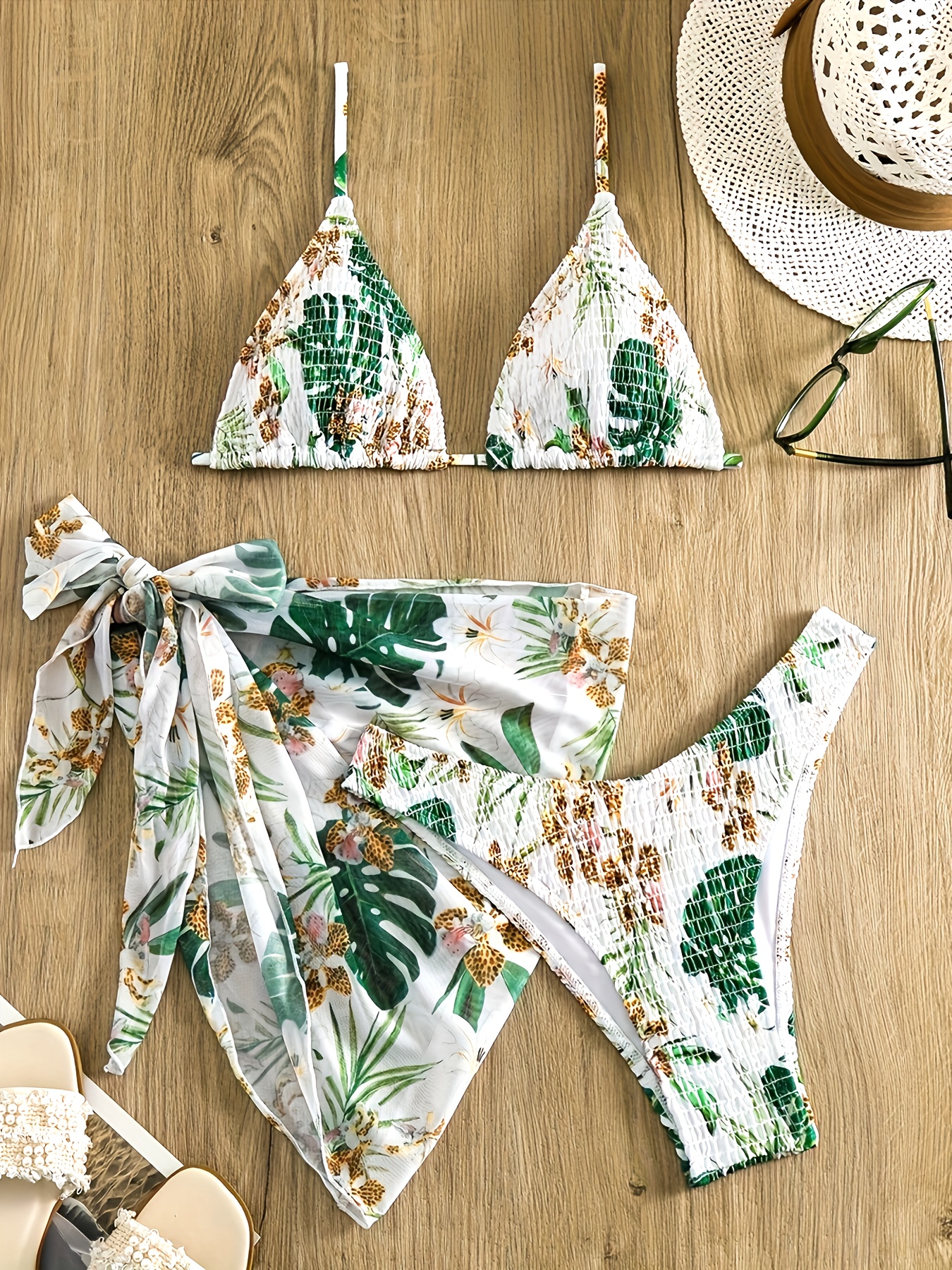 Tropical Print Swimsuit Ring linked Cut Halter V - Temu