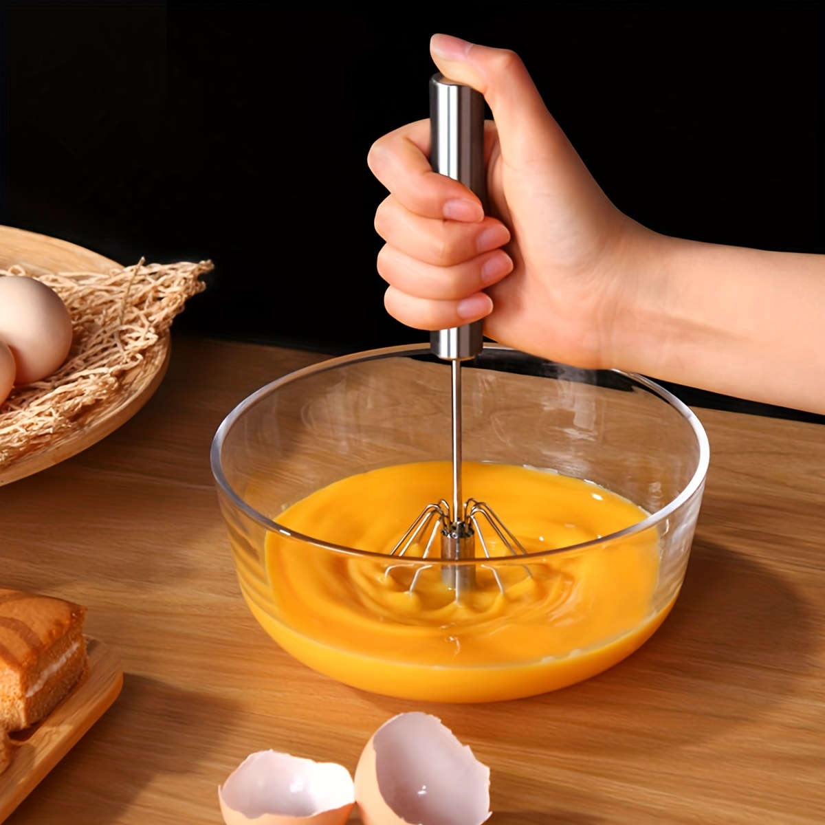 Batidora batidora de huevos, batidor manual giratorio de acero inoxidable,  batidor de huevos, batidora, herramientas de cocina (naranja)