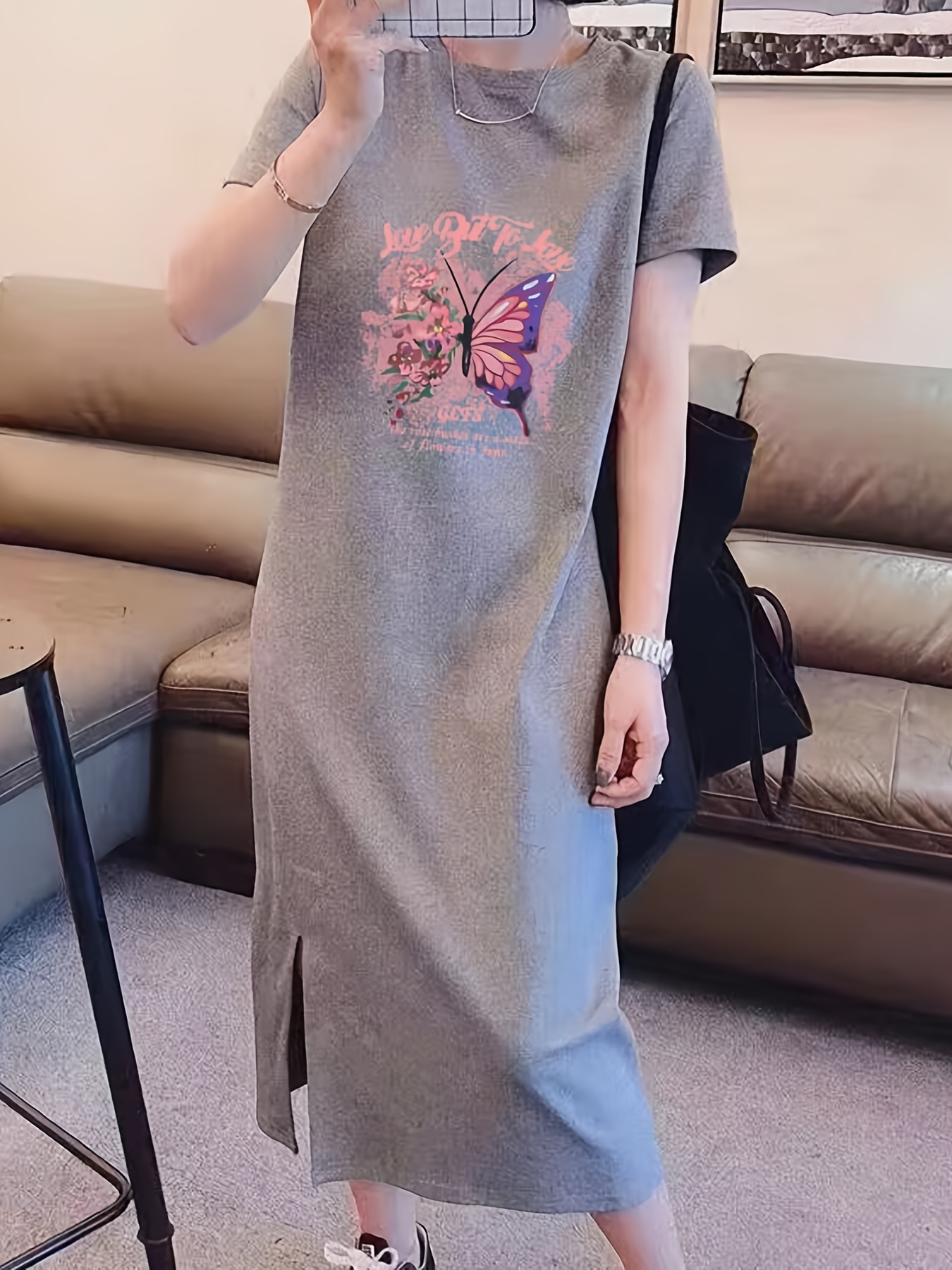 Vestido De Noche Suelto Con Estampado De Mariposa, Ropa De Dormir Cómoda Y  Casual Con Mangas Cortas Y Aberturas Laterales, Ropa De Dormir Y Vestidos  Para Mujeres