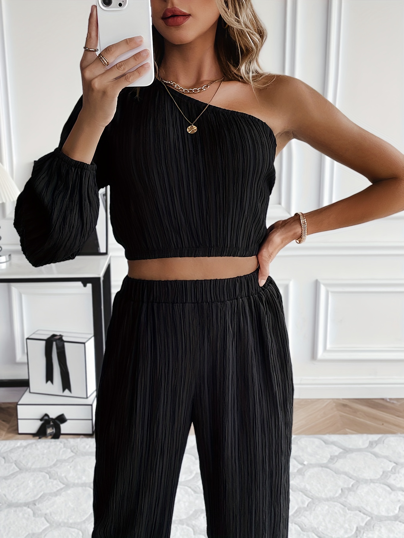 Casual Solid Two piece Set One shoulder Loose Top Wide Leg - Temu