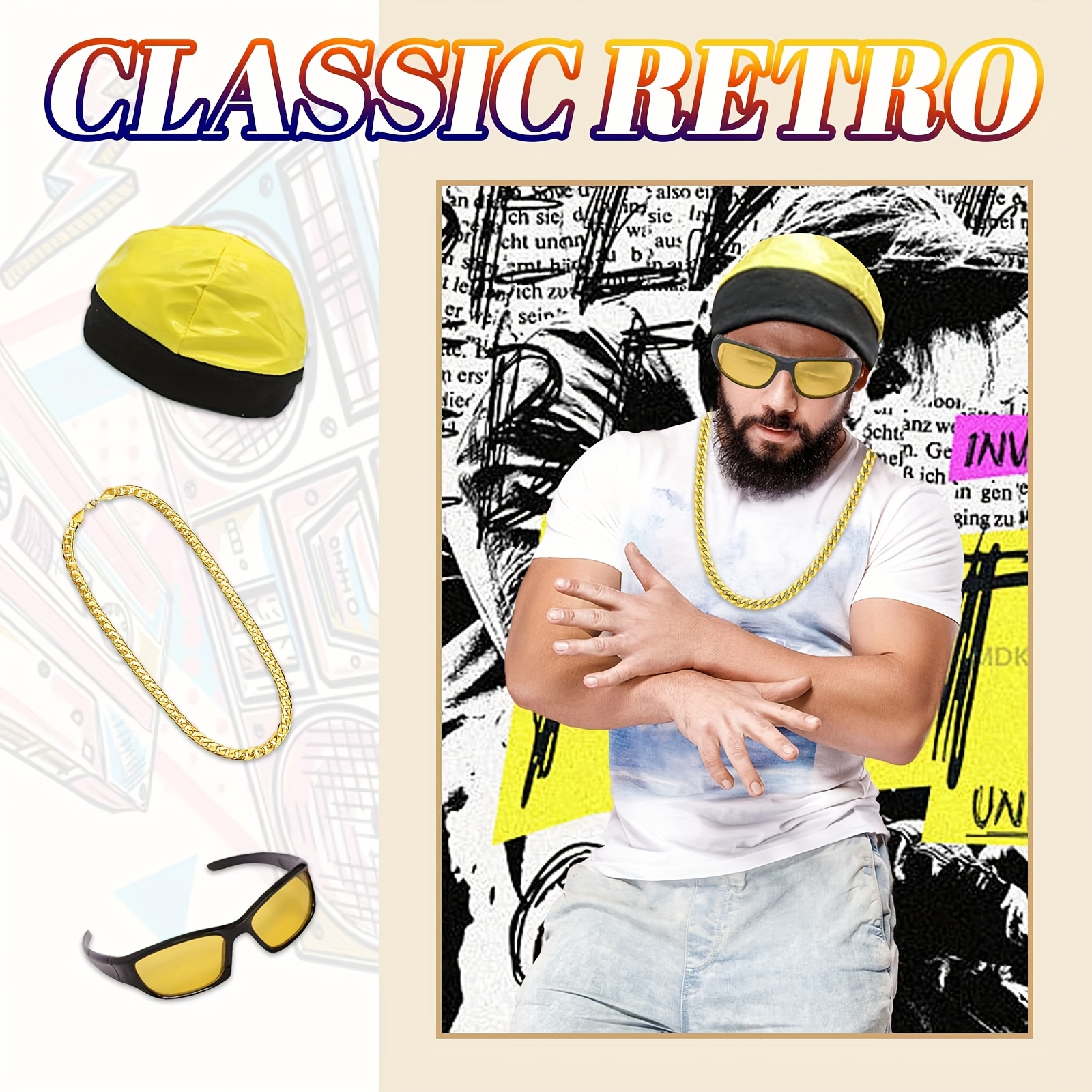 4pcs 90s rapper costume adults retro 90s outfit hat goatee - Temu Canada