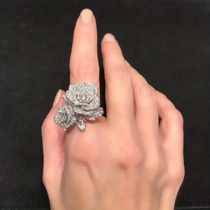 elegant flower ring silver plated inlaid shining zircon exaggerated decor for party perfect anniversary birthday gift for your love make her be the most stunning girl details 0