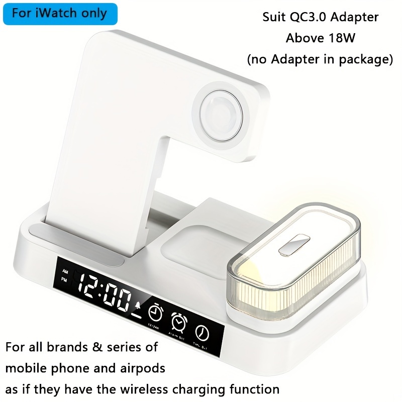Tuocalo Cargador inalámbrico, estación de carga inalámbrica 4 en 1 con luz  nocturna LED, reloj digital, reloj despertador para AirPods y reloj, iPhone