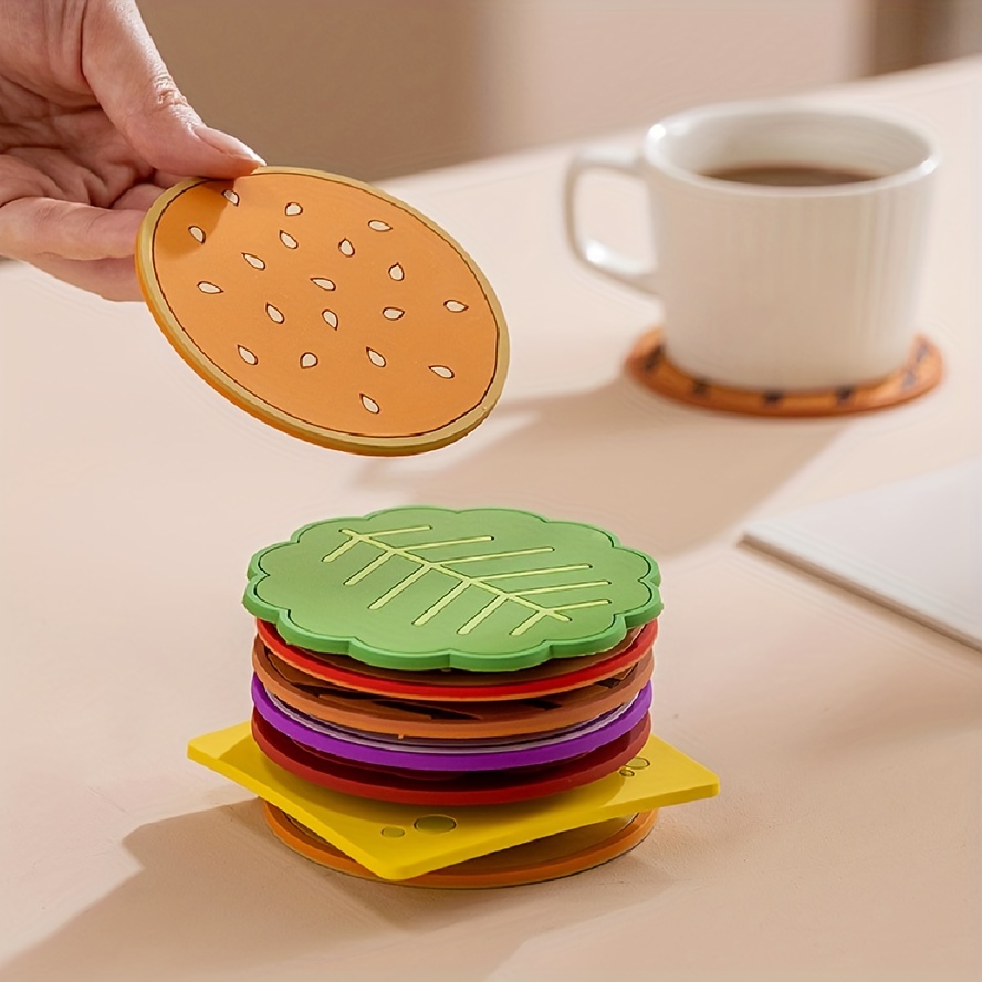 8pcs Creative Hamburger Coaster Set Household Absorbent Coaster Set For Drinks Heat Insulation Pad Tabletop Protection Home Kitchen Dining Table D