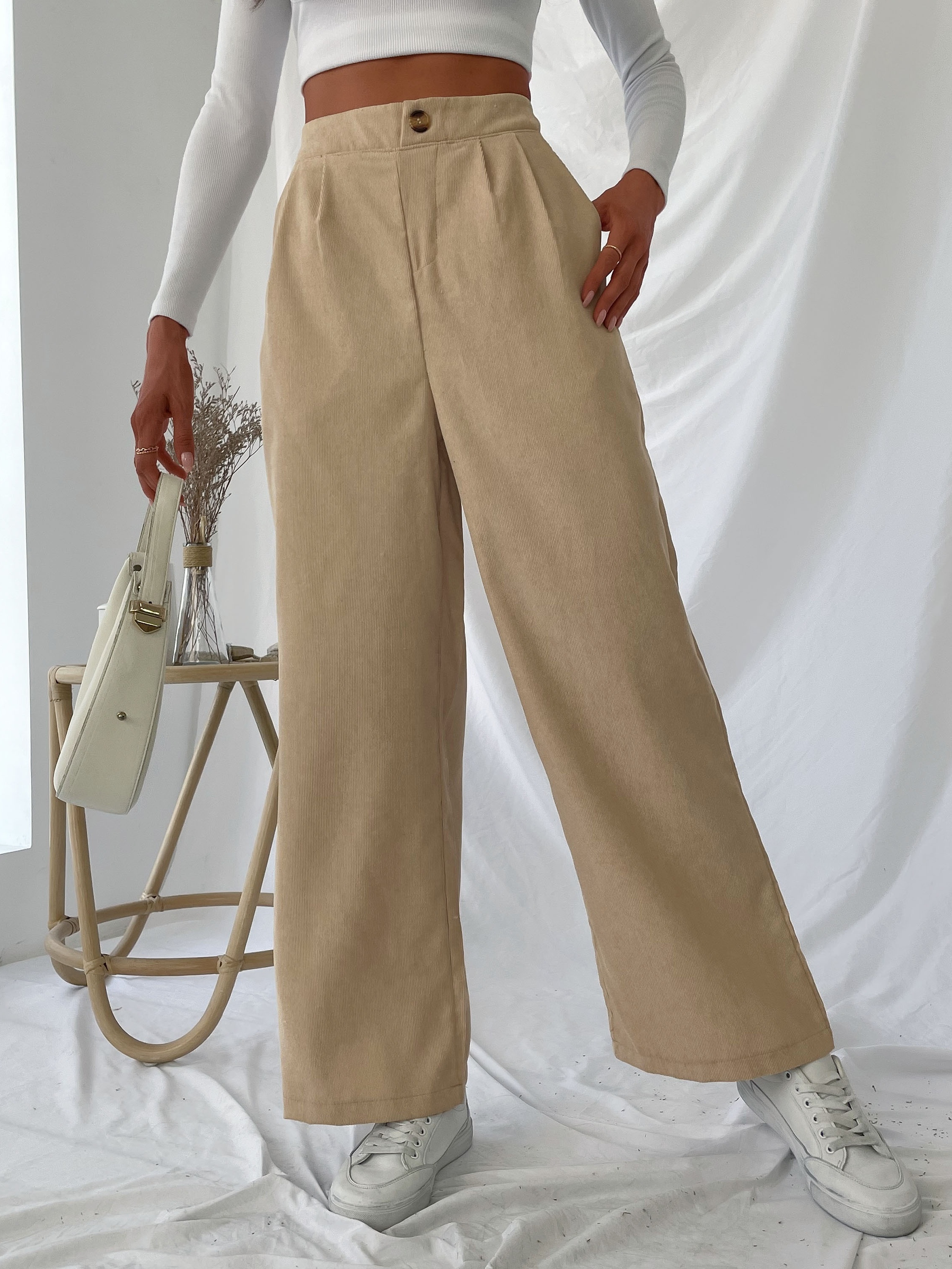 Pantalones De Pana Con Cintura Alta Sólida, Pantalones De Pierna Ancha  Casuales Para Otoño E Invierno, Ropa De Mujer
