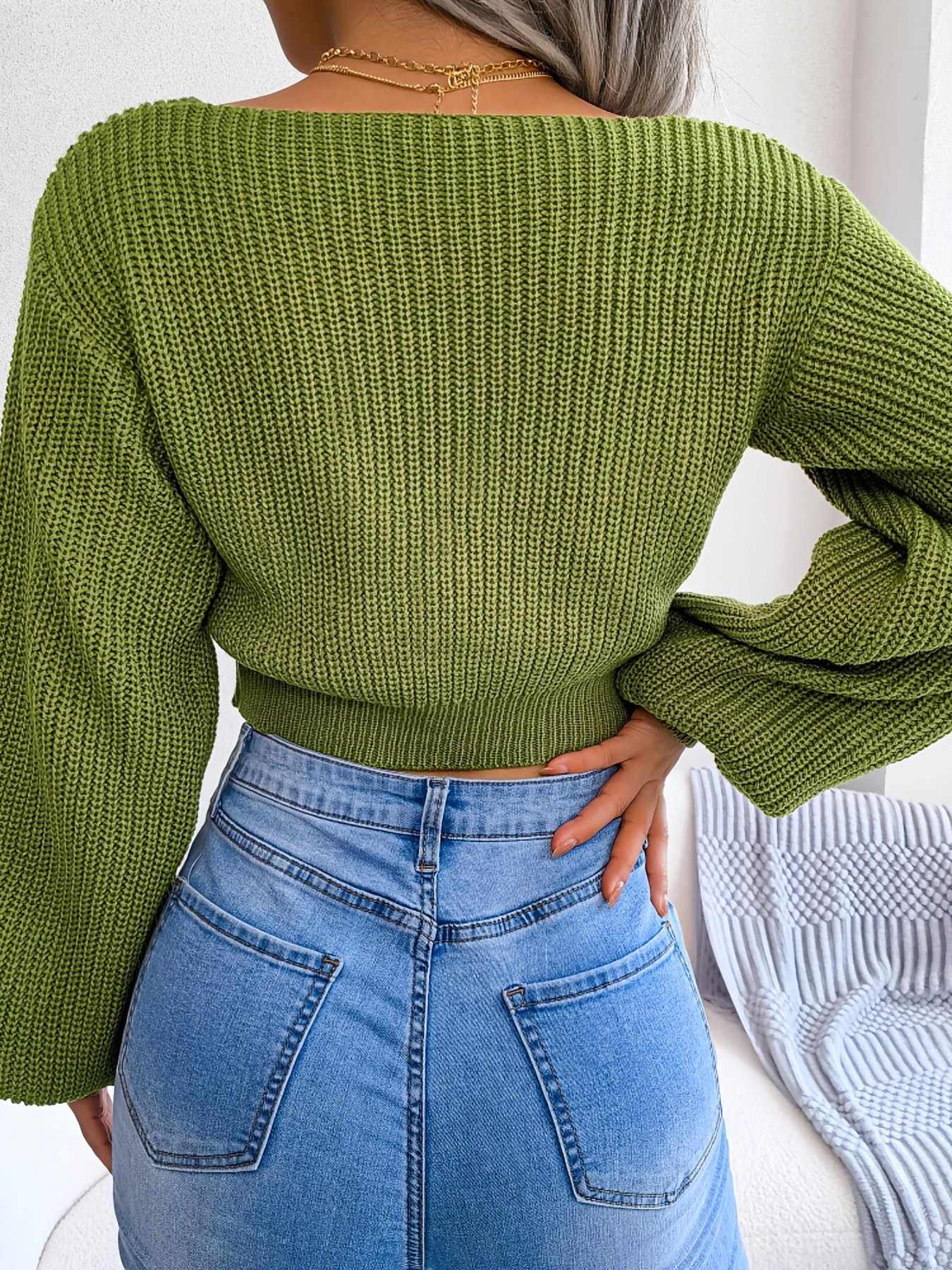 Knit Crop Top for Women Long Lantern Sleeve Sexy Sweetheart Neckline  Sweater Green at  Women's Clothing store