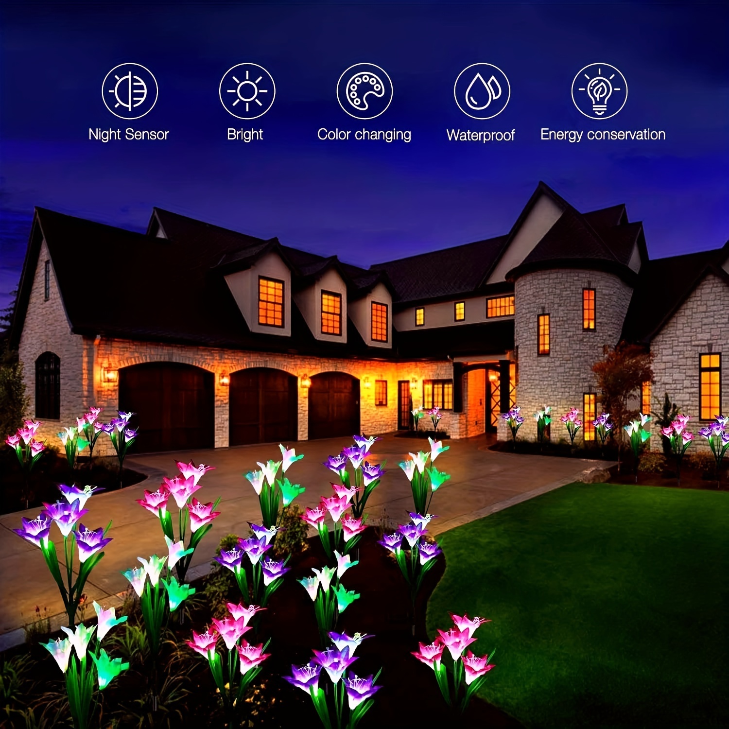 ANGMLN Pack Solar Flowers Lights Garden Stake Outdoor 16 Head Lily Colo - 3